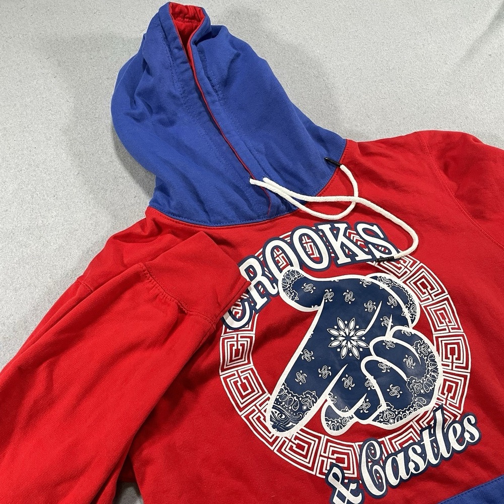 Y2K Crooks & Castles Logo Hoodie Men's M Red Blue Pullover Graphic Streetwear